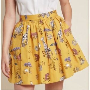 ModCloth Mini Skater Safari Animal Skirt Mustard Yellow White Black Pink Size M